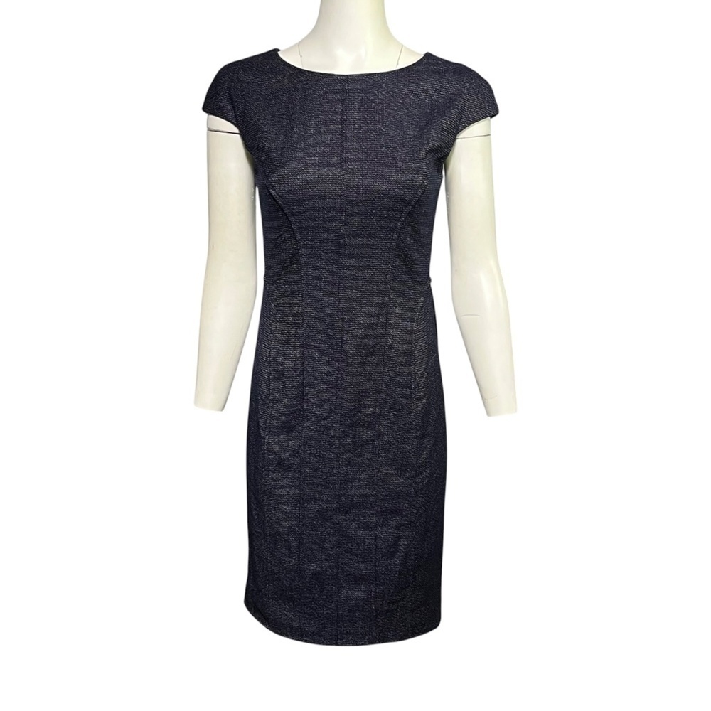 LELA ROSE Dark Blue Fitted Seamed Sheath Dress Cap Sleeve Boat Neck Size 4
